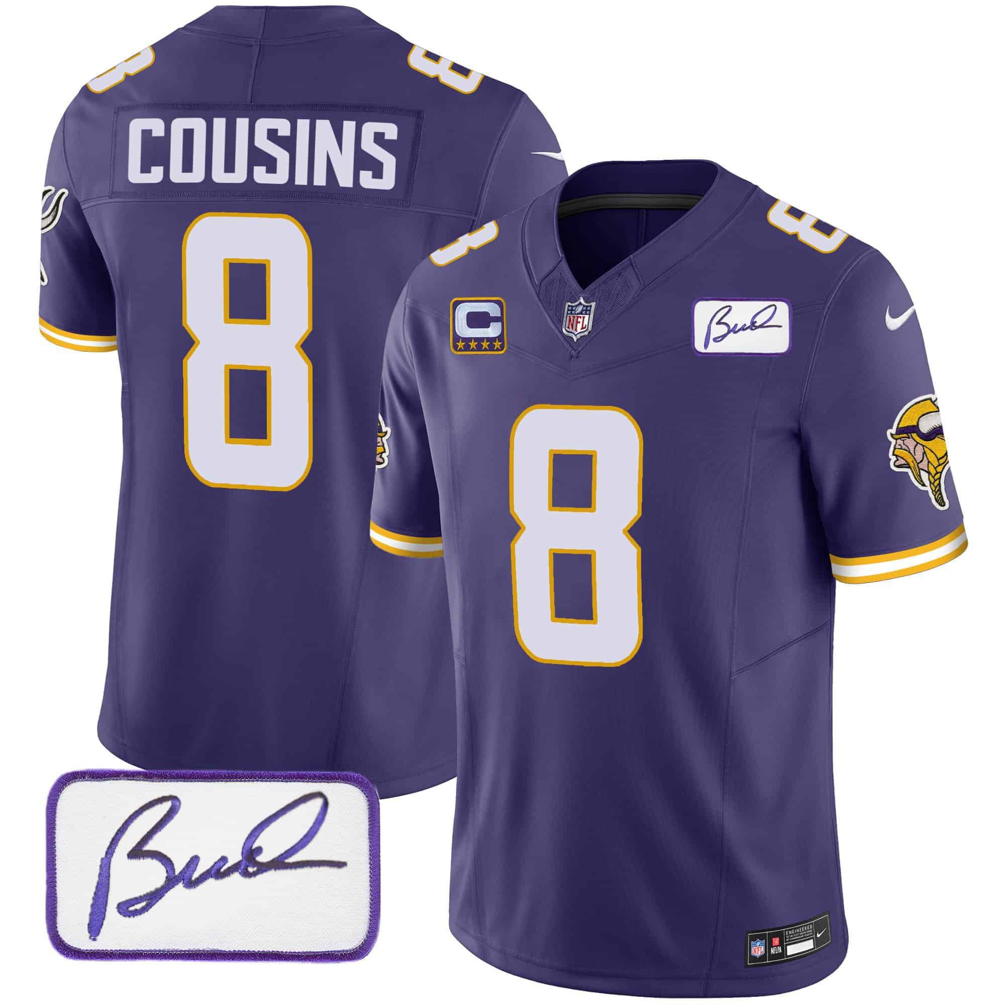 Men Minnesota Vikings 8 Cousins Purple 2024 Nike Bud Grant Patch Classic Limited NFL Jersey style 3
